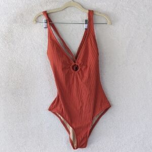 Kona Sol‎ Womens Orange Rust V Neck One Piece Swim Suit Size M